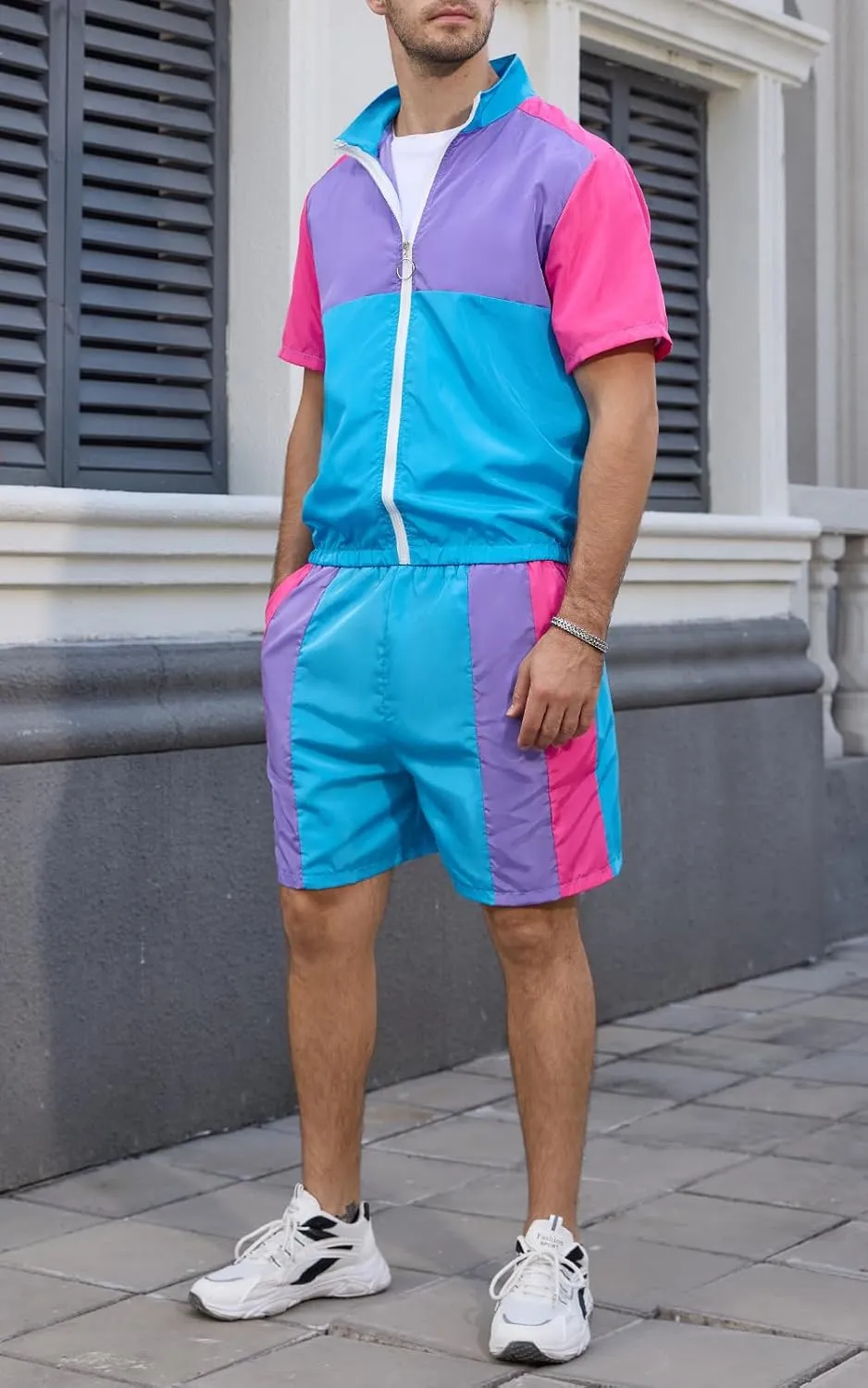 Yisfri Men's 80s 90s Outfit Vintage Windbreaker Jacket Track Suit Disco Outfits Workout Set