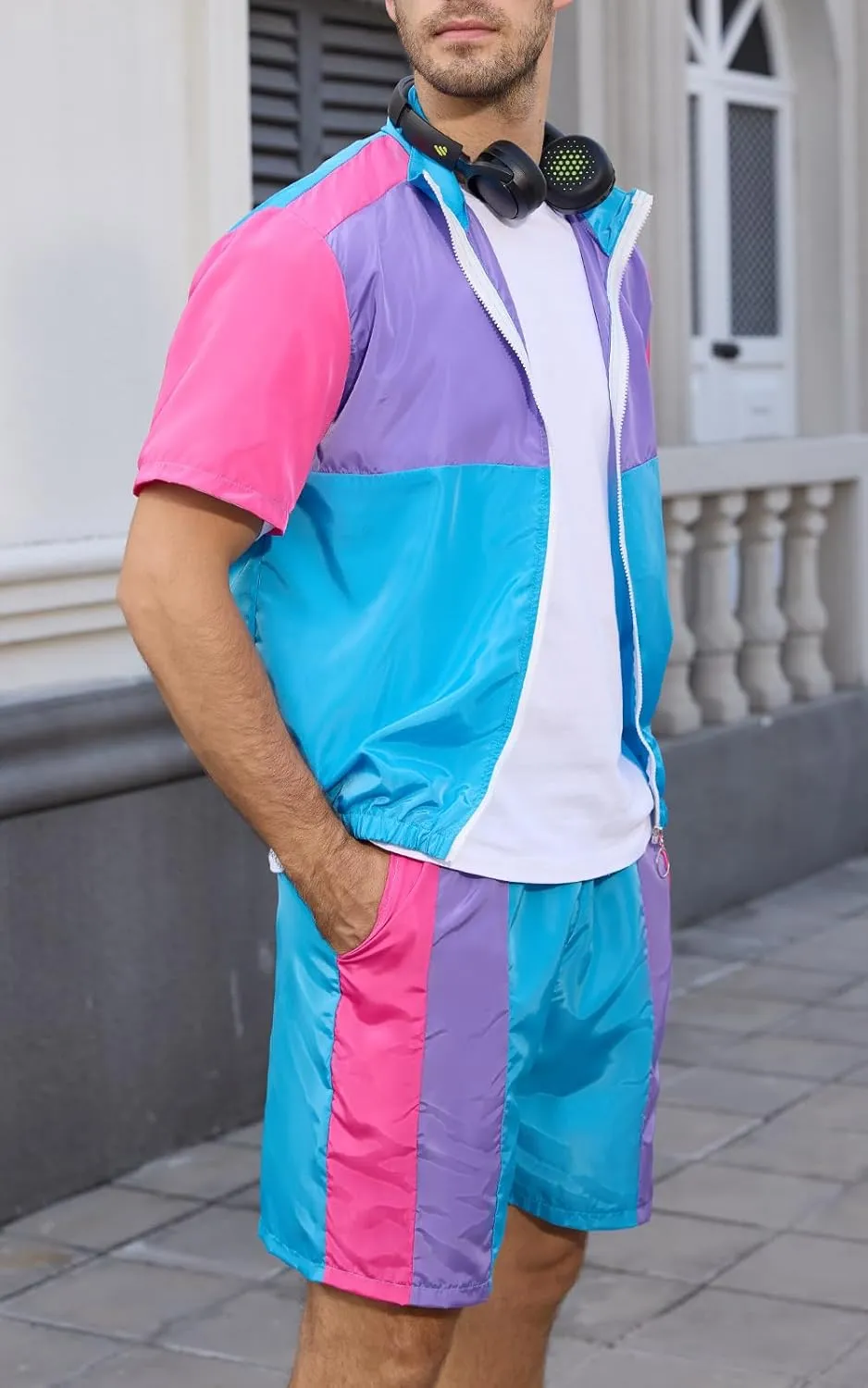 Yisfri Men's 80s 90s Outfit Vintage Windbreaker Jacket Track Suit Disco Outfits Workout Set