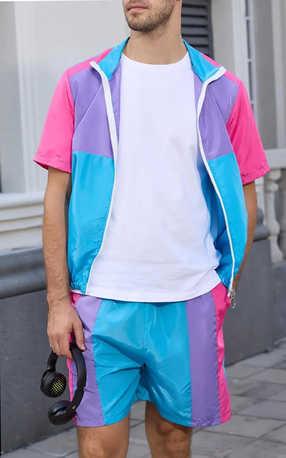 Yisfri Men's 80s 90s Outfit Vintage Windbreaker Jacket Track Suit Disco Outfits Workout Set