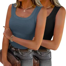 Zeagoo Womens Summer Tops Square Neck Ribbed Tank Tops Slim Fitted Racerback Sleeveless Shirts Basic Casual 2 Pack